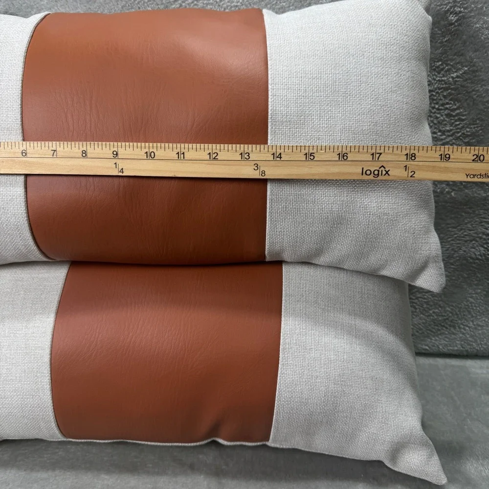 Set of 2 MCM Style Lumbar Throw Pillows Ivory Linen Faux Leather Minimalist